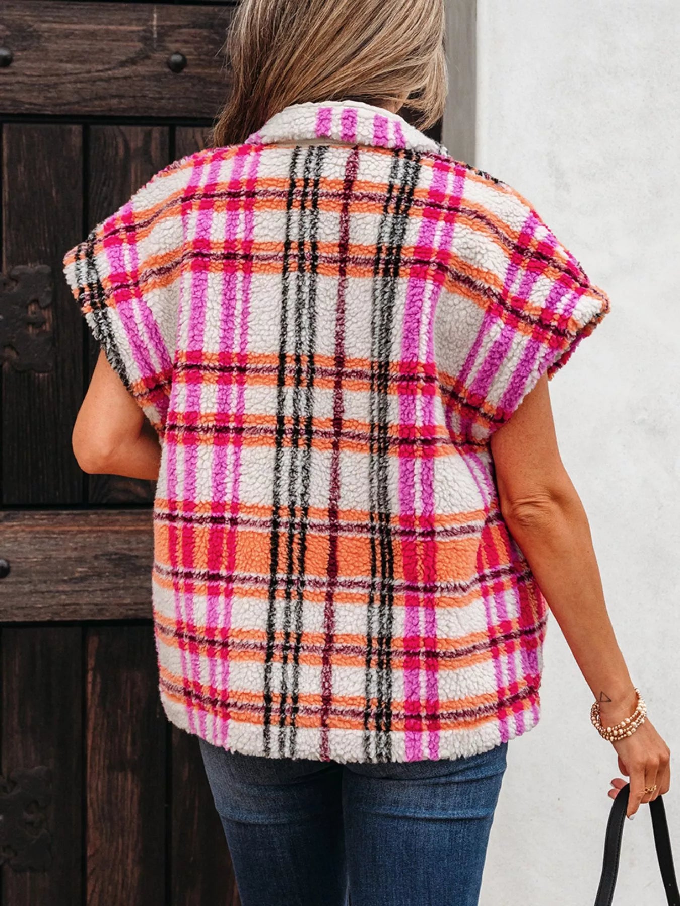Sherpa Plaid Snap Down Vest Coat nicholesgifts