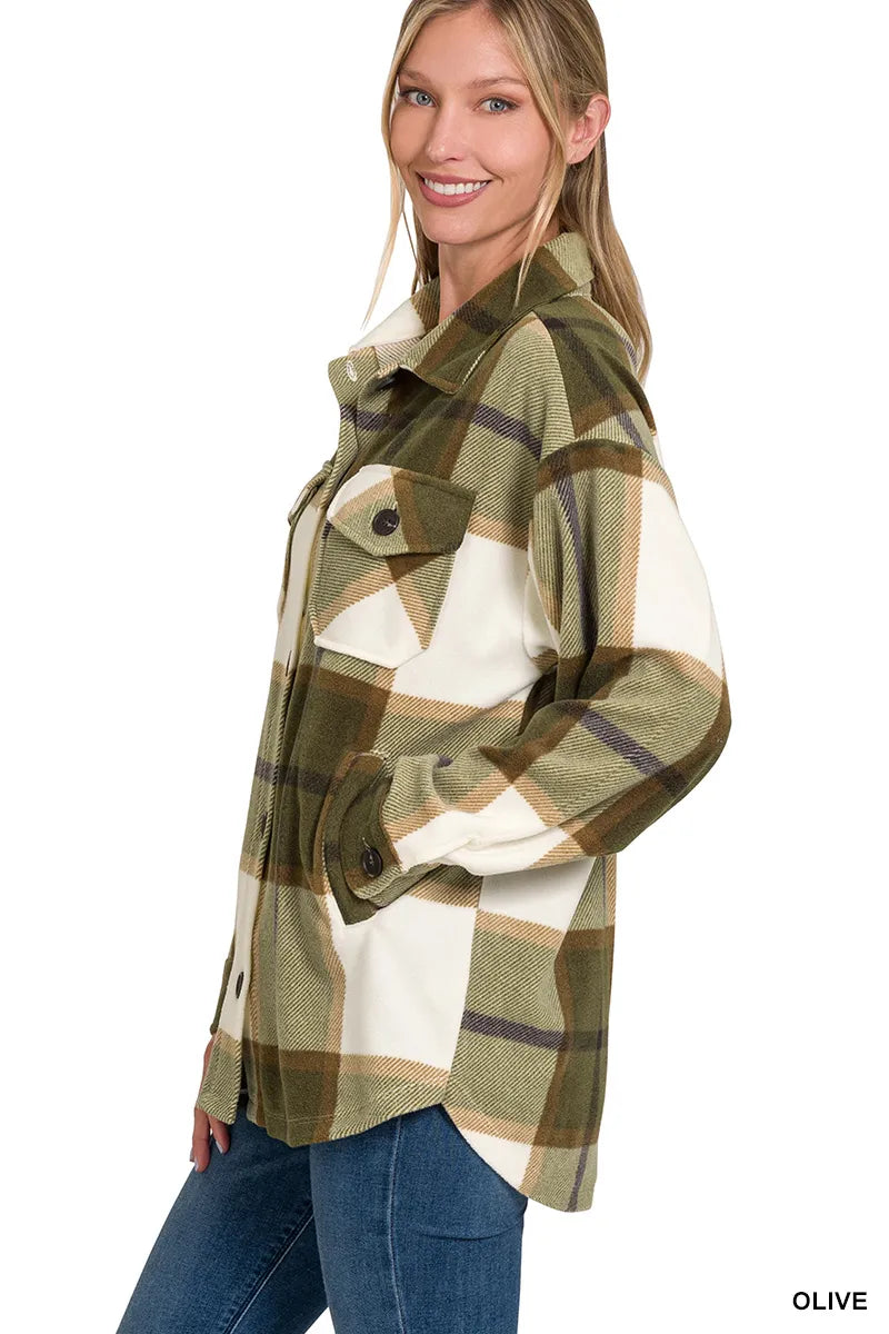 Zenana Oversized Plaid Fleece Shacket Trendsi