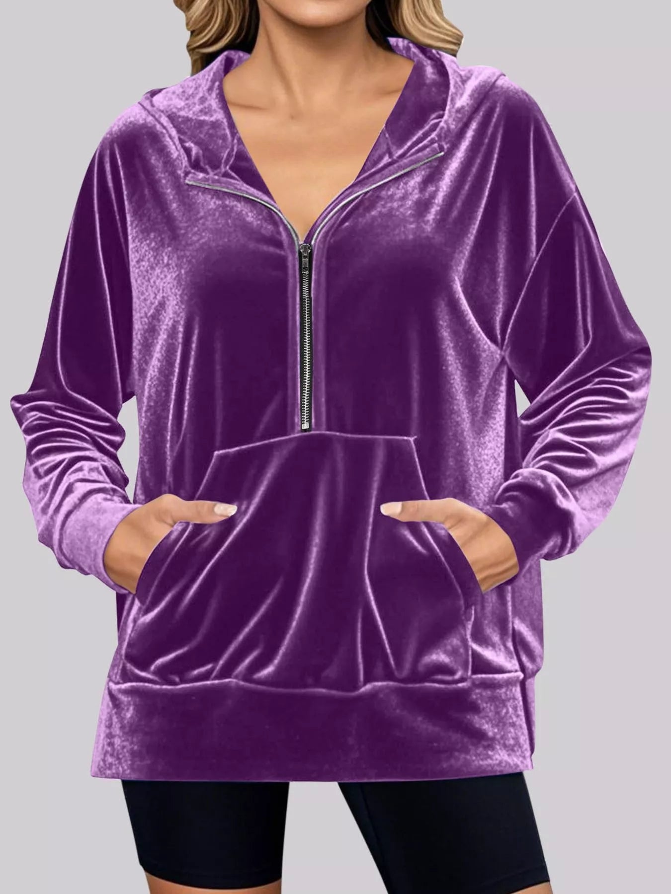 Full Size Half Zip Kangaroo Pocket Hoodie Plus Size Trendsi