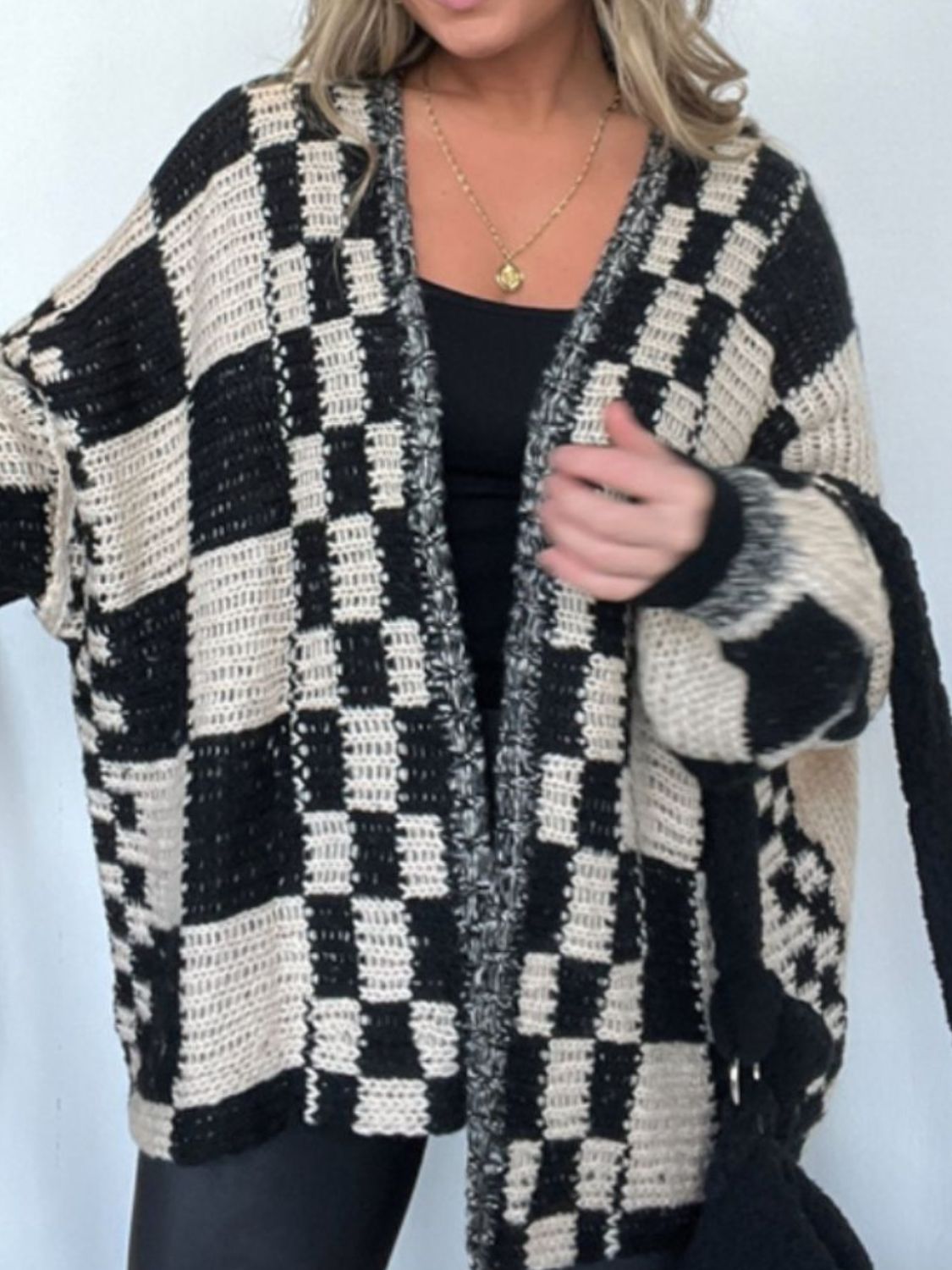Women Plaid Open Front Long Sleeve Cardigan
