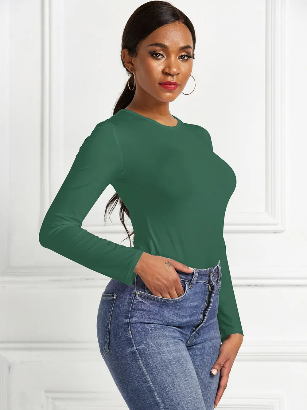 Round Neck Long Sleeve Bodysuit nicholesgifts