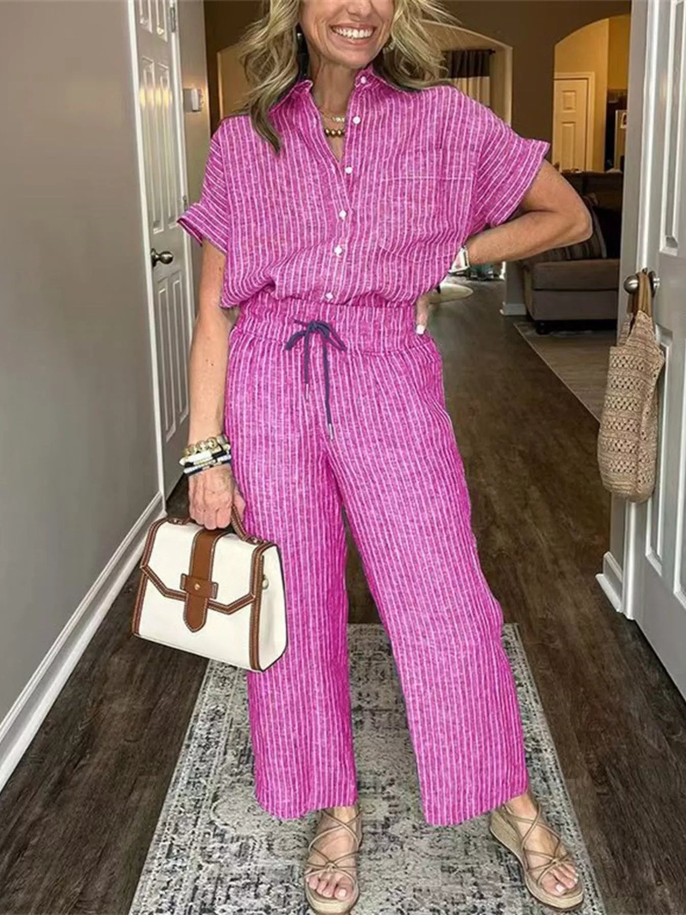 Full Size Striped Button-Up Shirt and Wide Leg Pants Casual Set Plus Size Trendsi