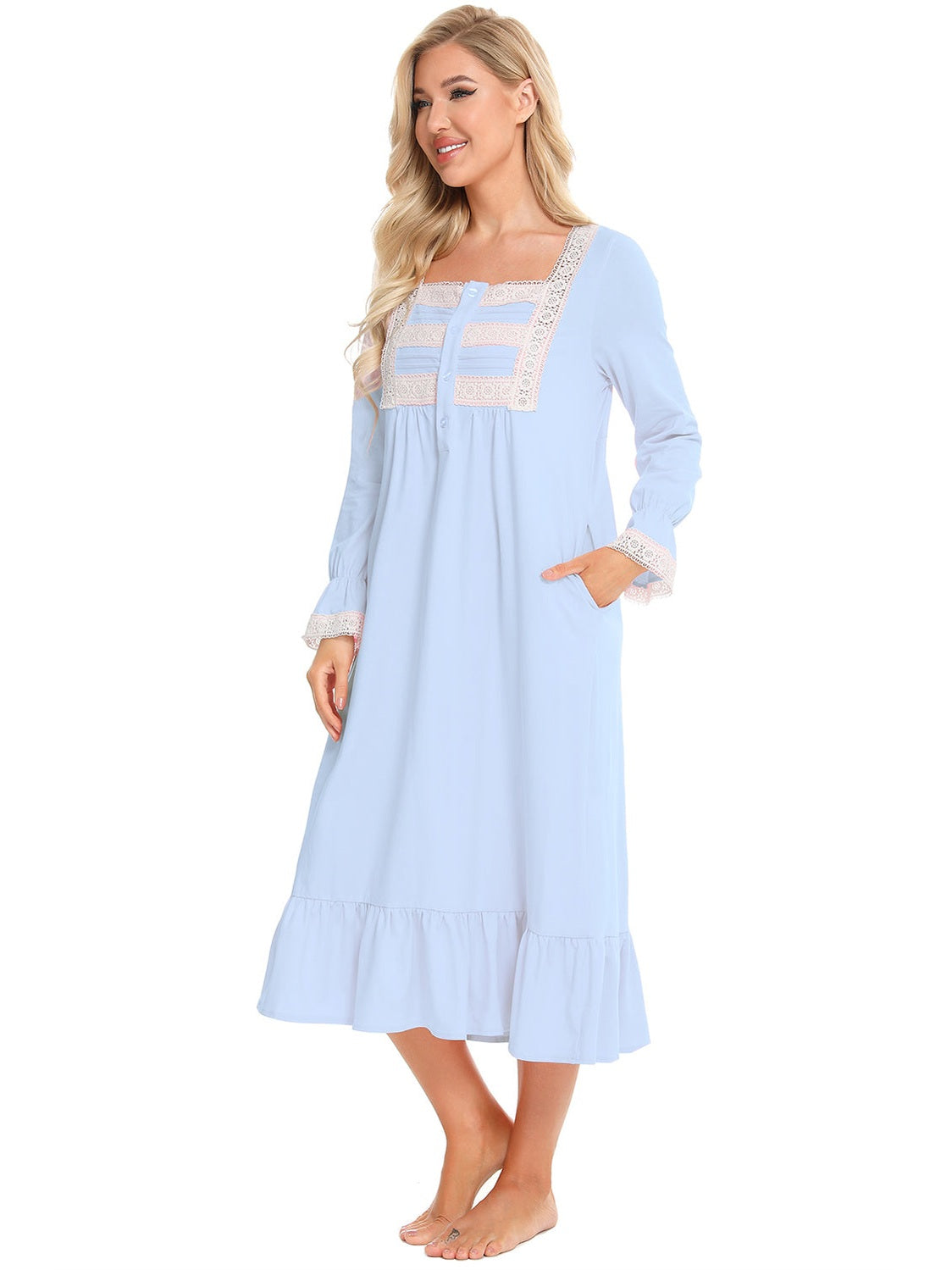 Lace Detail Square Neck Flounce Sleeve Night Dress nicholesgifts