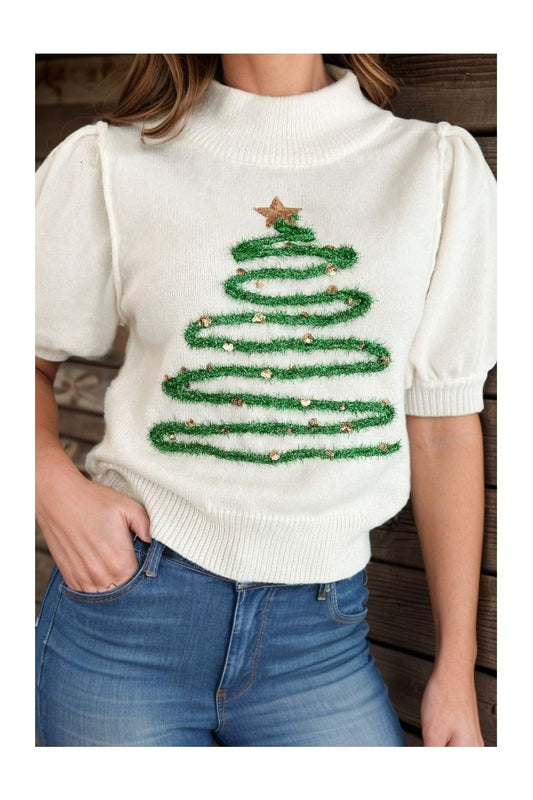 Sequin Mock Neck Short Sleeve Sweater