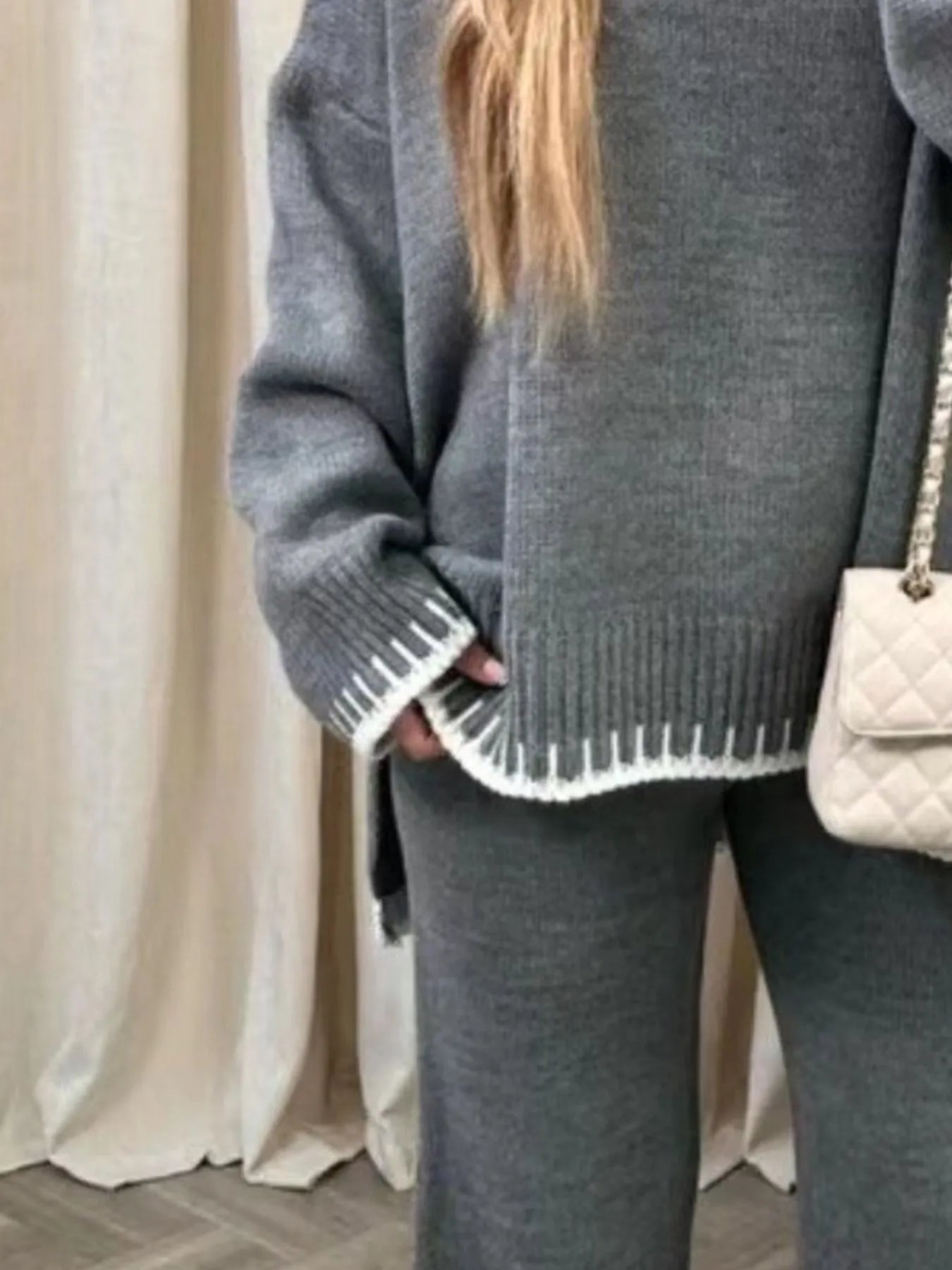 Contrast Trim Round Neck Top and Pants Sweater Set NicholesGifts
