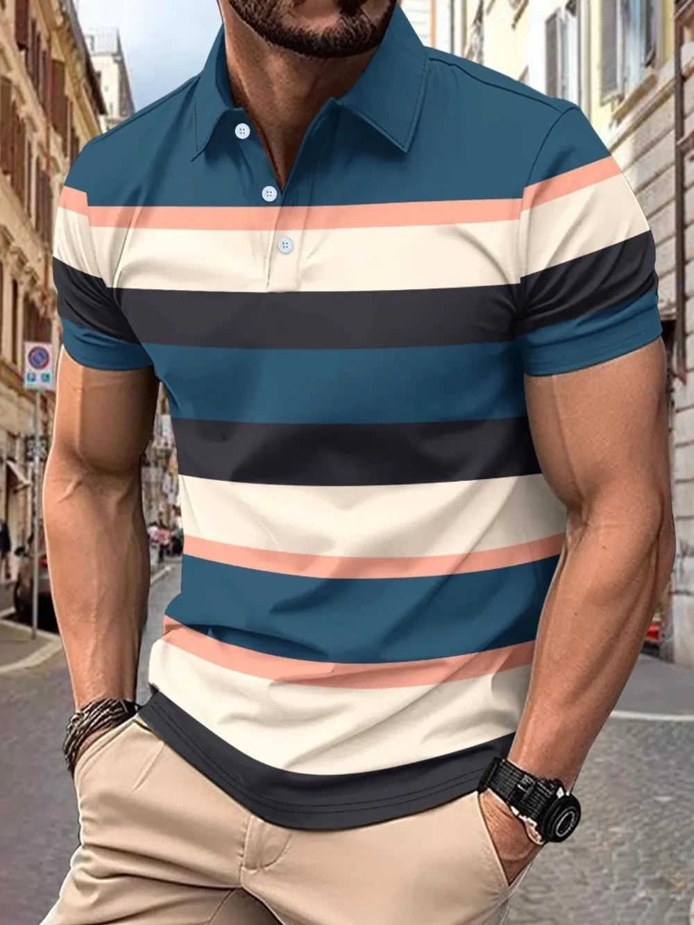 Men's Full Size Collared Short Sleeve Striped Polo Plus Size NicholesGifts