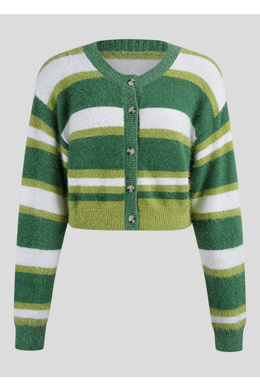 NicholesGifts Women Striped Button Up Dropped Shoulder Cardigan NicholesGifts