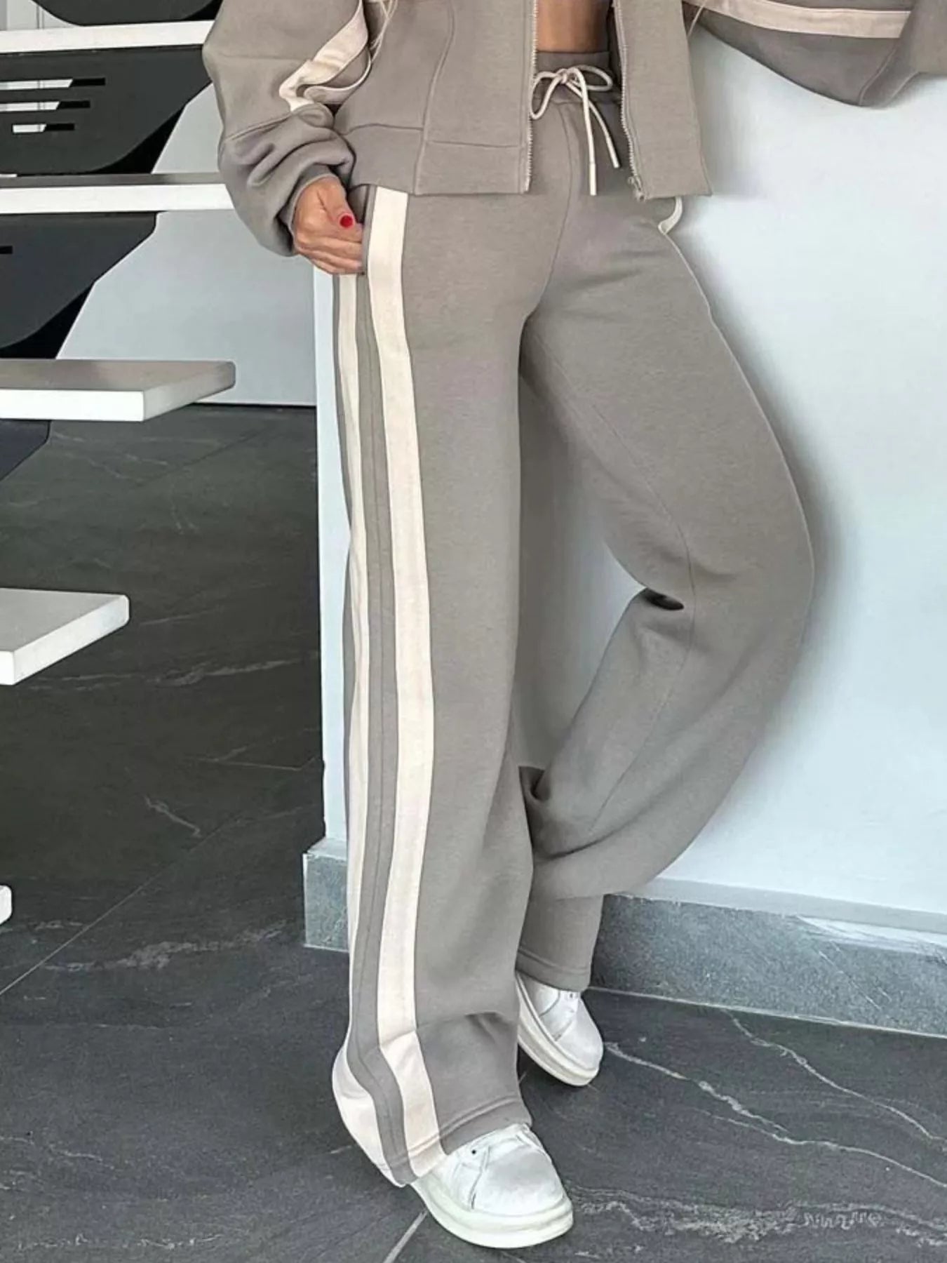 Full Size Contrast Stripe Zip Up Jacket and Pants Set Plus Size nicholesgifts