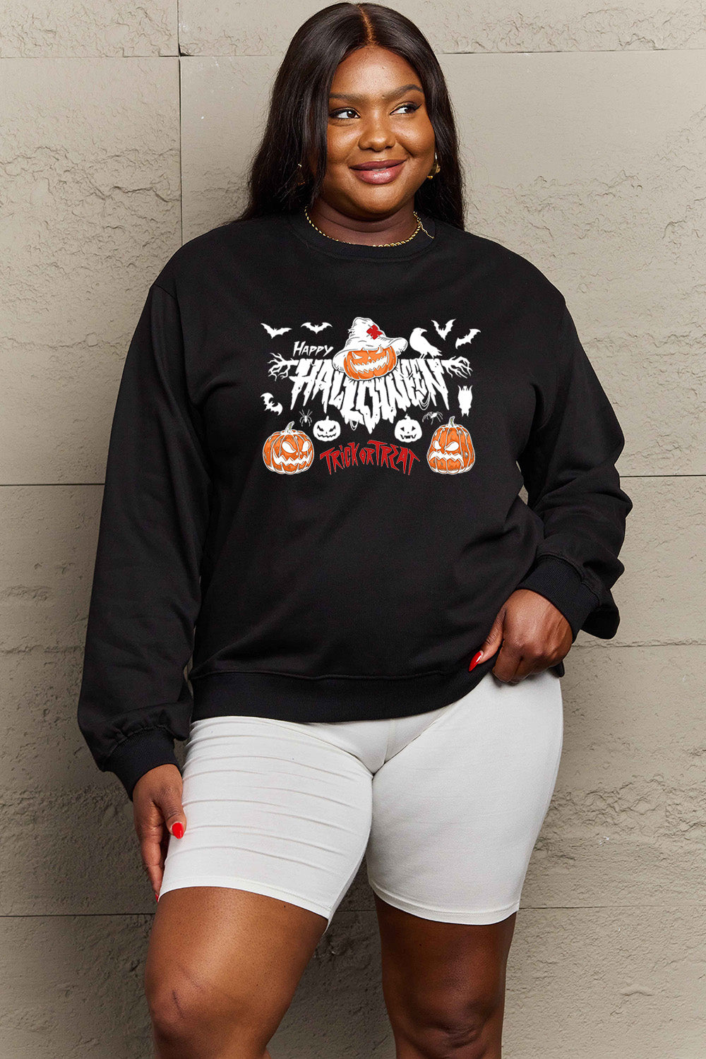 Women Simply Love Full Size Happy Halloween Trick or Treat Graphic Sweatshirt NicholesGifts