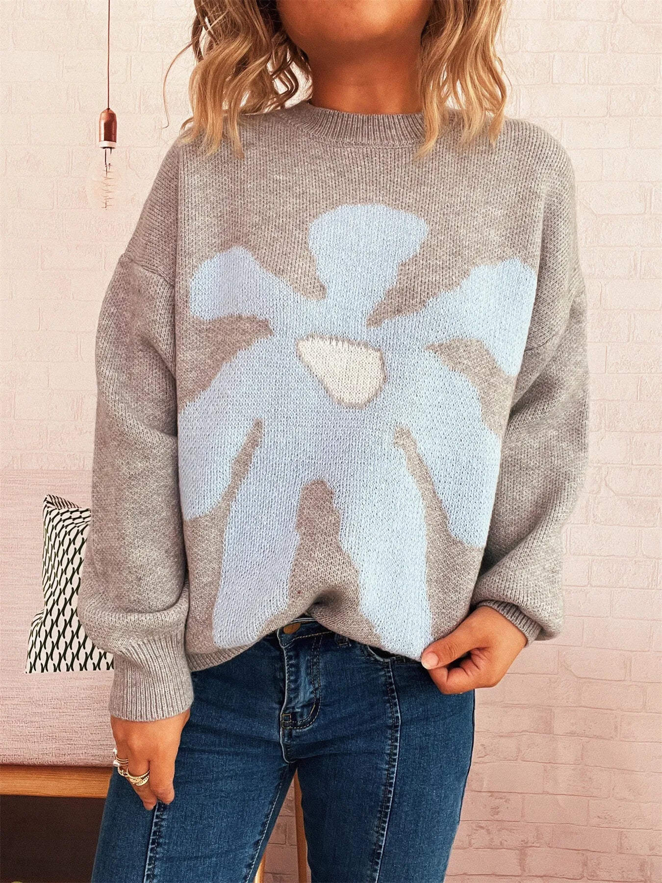 Flower Dropped Shoulder Sweater