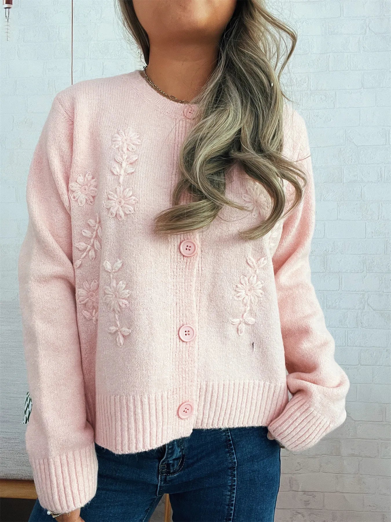 Flower Button Up Ribbed Hem Cardigan