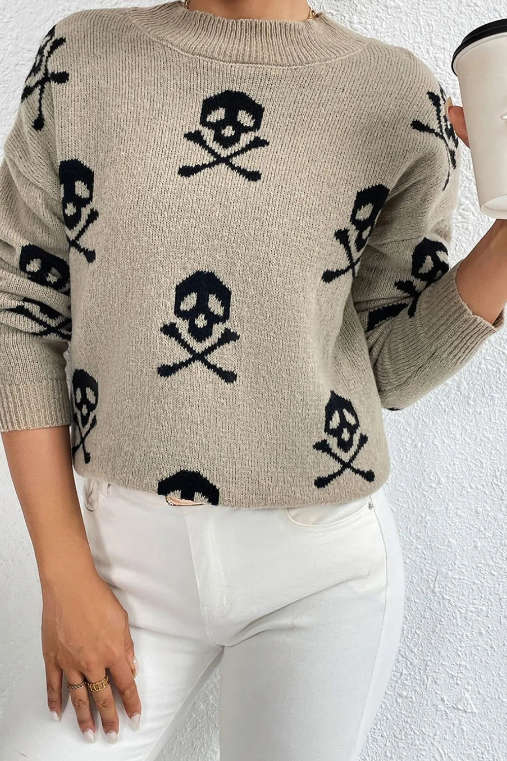 Women Graphic Mock Neck Dropped Shoulder Sweater