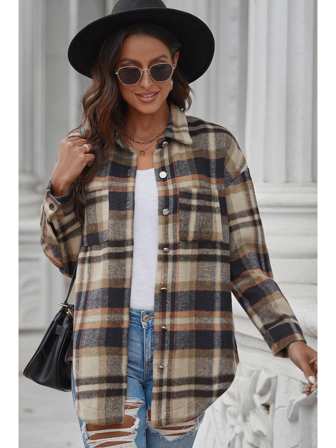 Plaid Curved Hem Dropped Shoulder Longline Shirt Jacket nicholesgifts