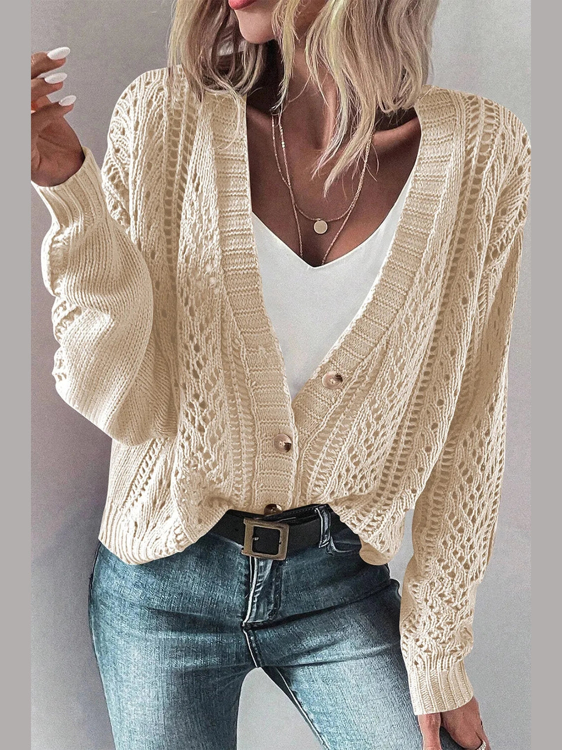 Openwork Button Up Long Sleeve Cardigan NicholesGifts