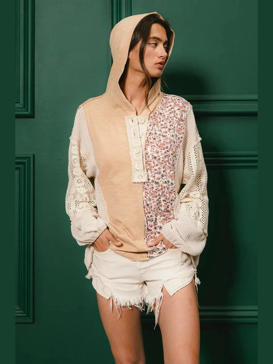 BiBi Slub Jersey with Lace Combo Buttoned Hoodie Top