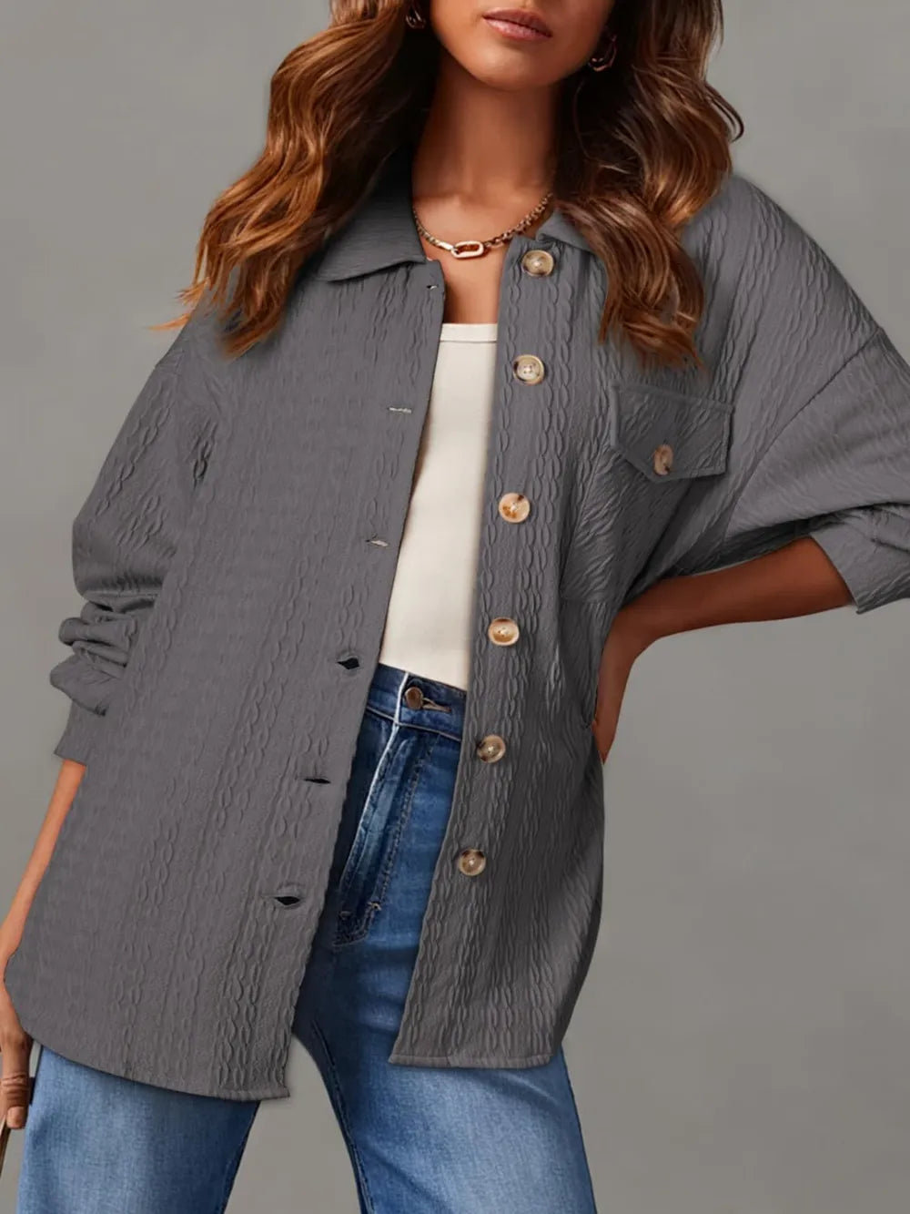 Textured Button Up Long Sleeve Shacket nicholesgifts