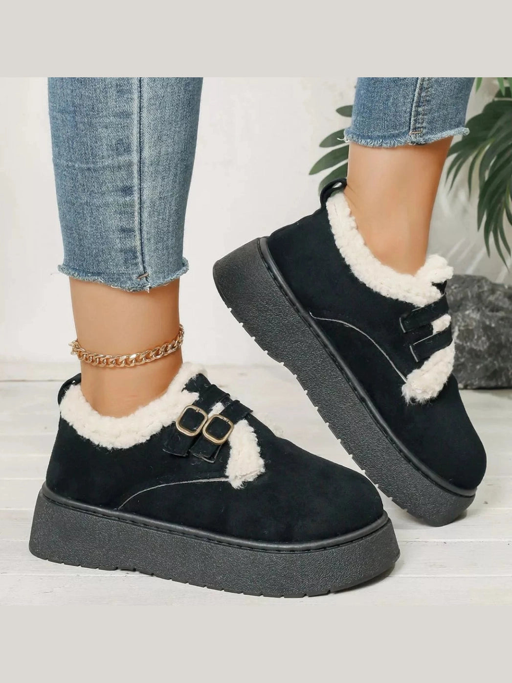 Buckle Strap Faux Fur Trim Platform Boots Trendsi