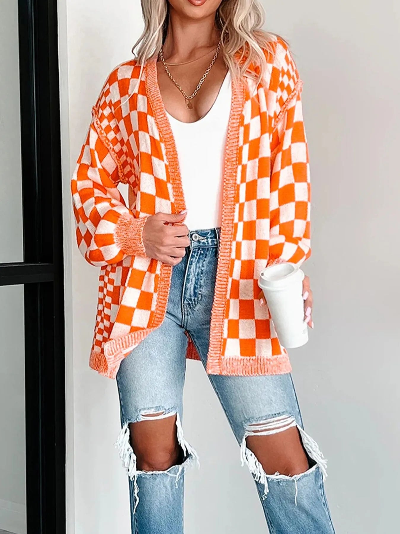 Checkered Pattern Open Front Cardigan Trendsi