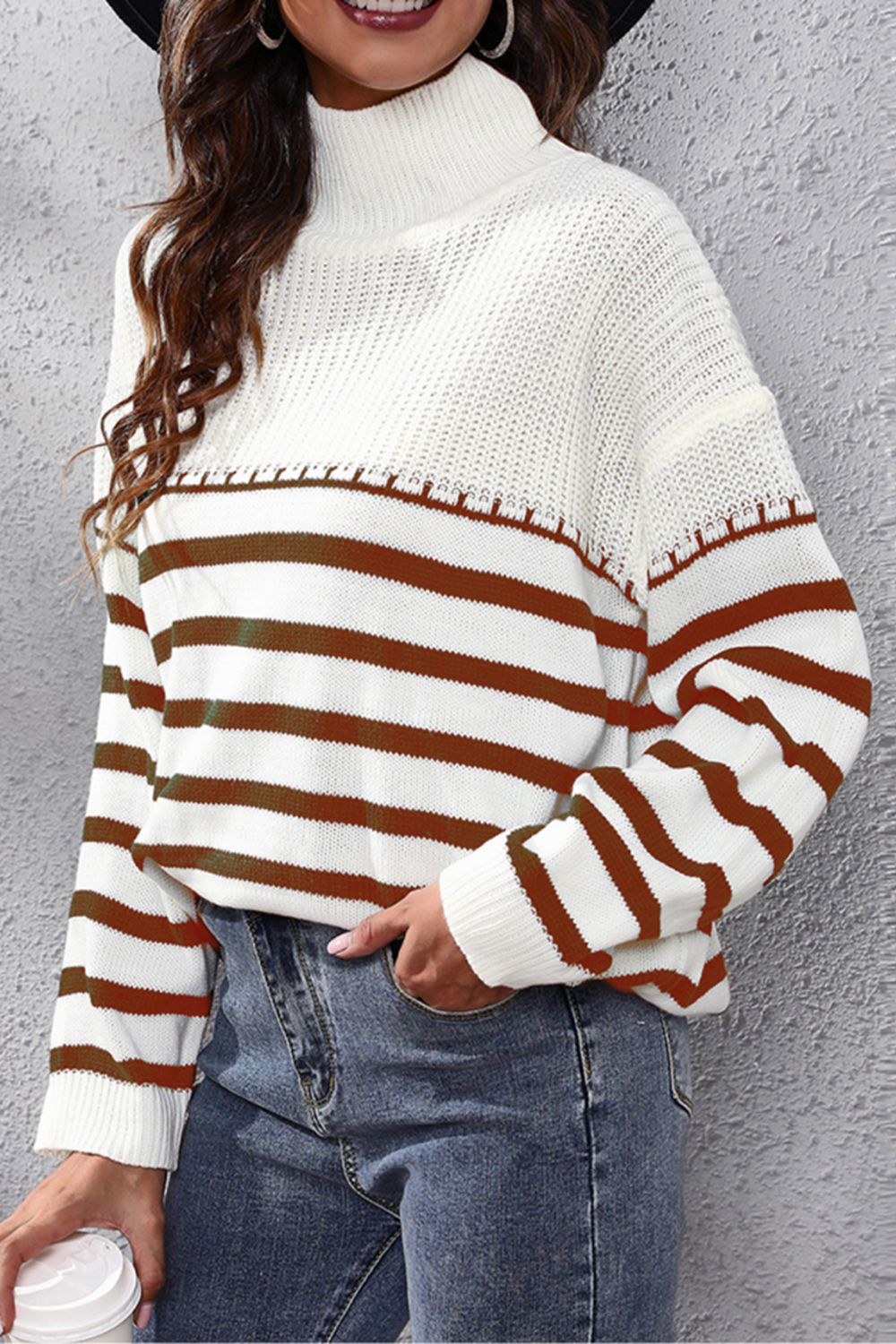 Striped Turtleneck Drop Shoulder Sweater nicholesgifts