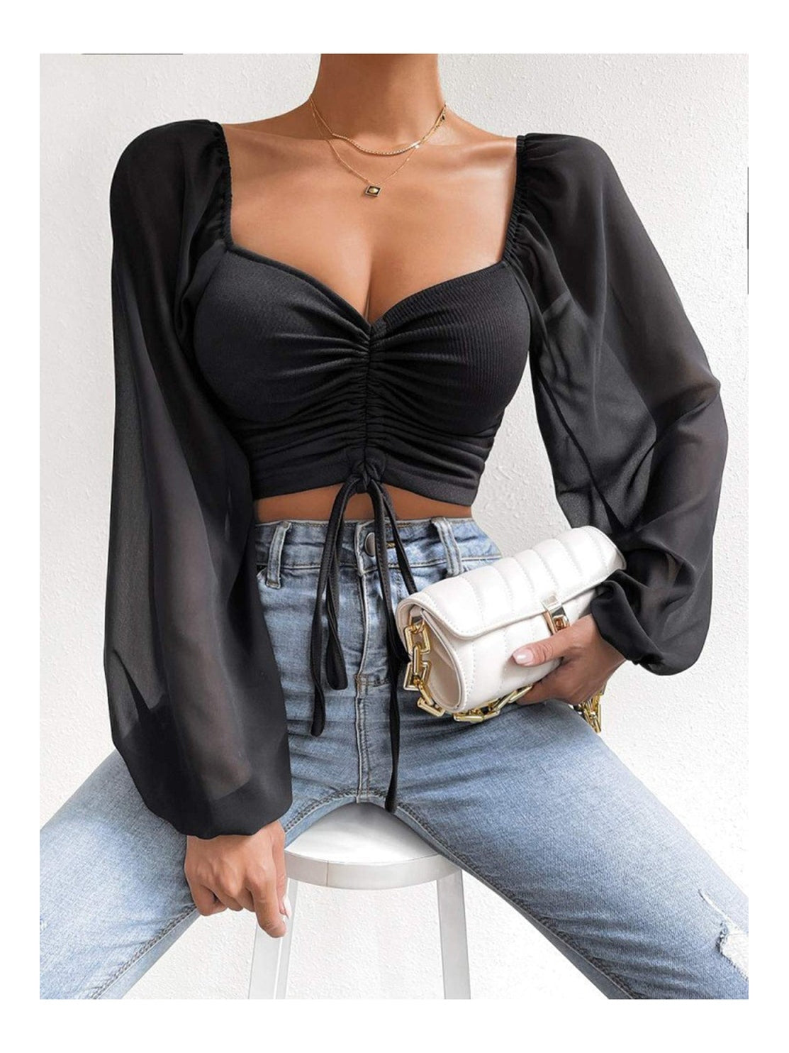 Women Drawstring Sweetheart Neck Cropped Top nicholesgifts