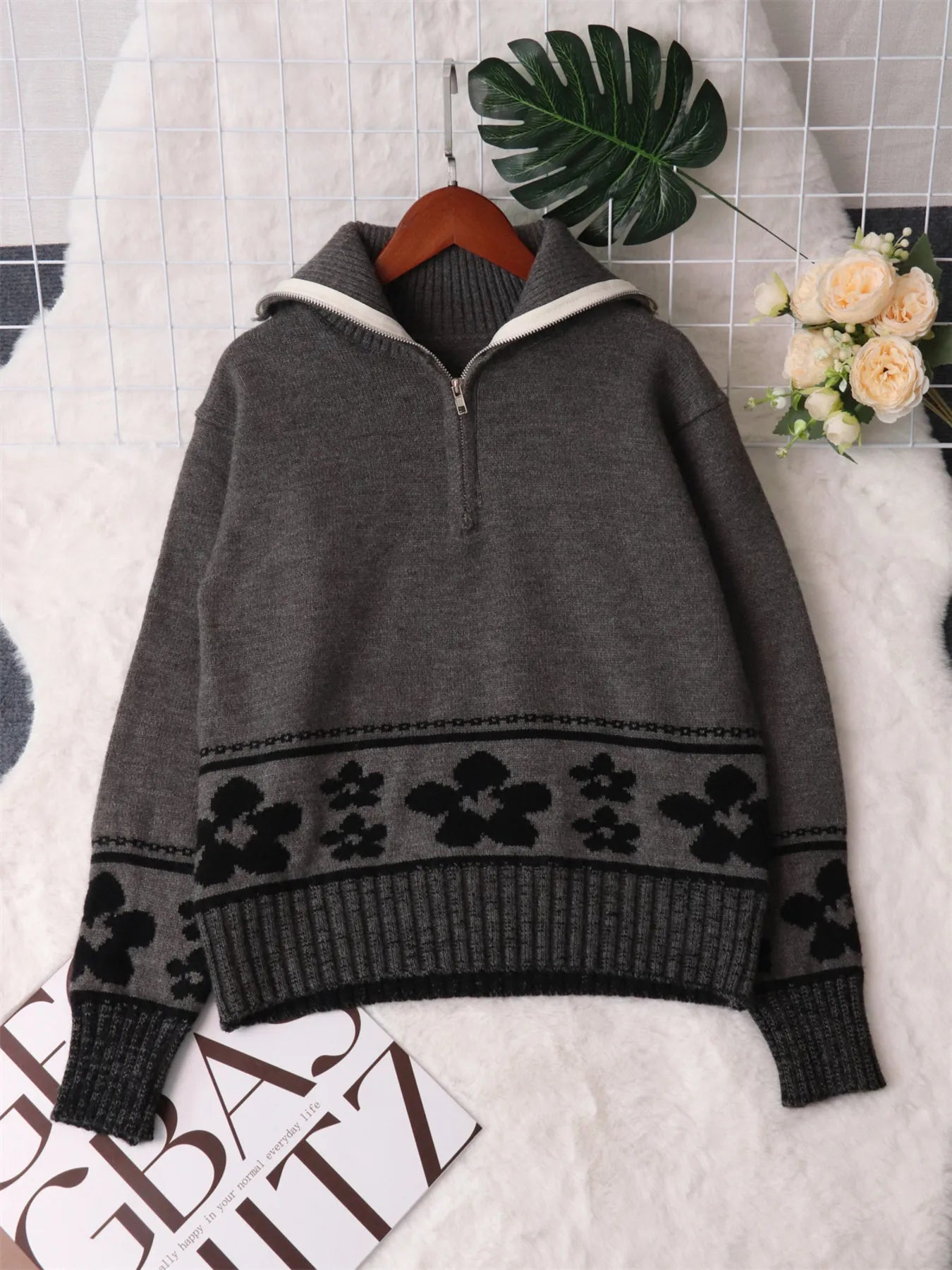 Flower Zip Collar Long Sleeve Sweater