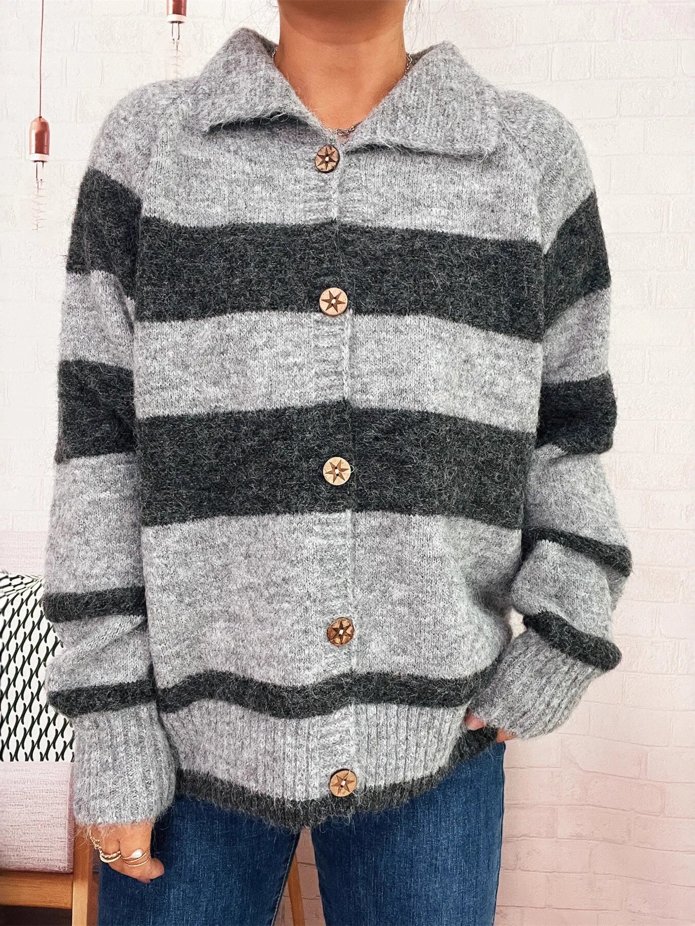 Striped Button-Up Cozy Cardigan