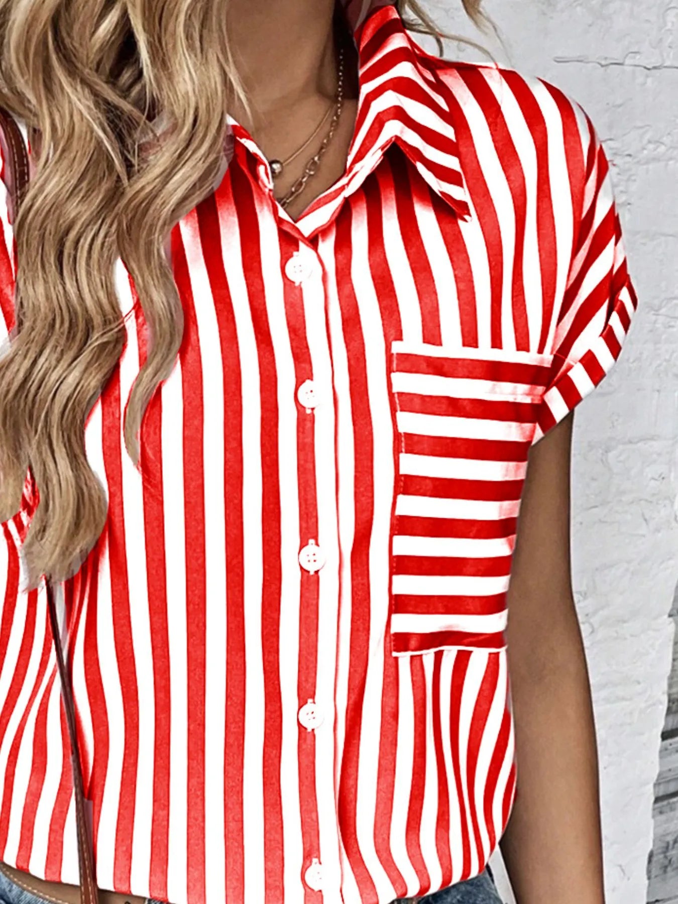 Striped Button-Up Short Sleeve Shirt with Pocket