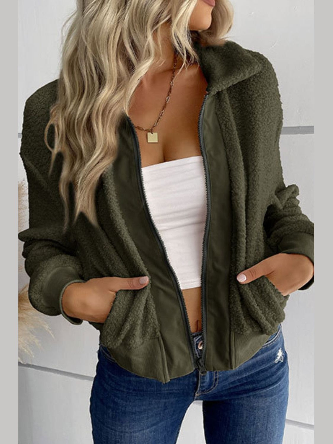 Perfee Zip-Up Sherpa Collared Neck Jacket with Pockets nicholesgifts