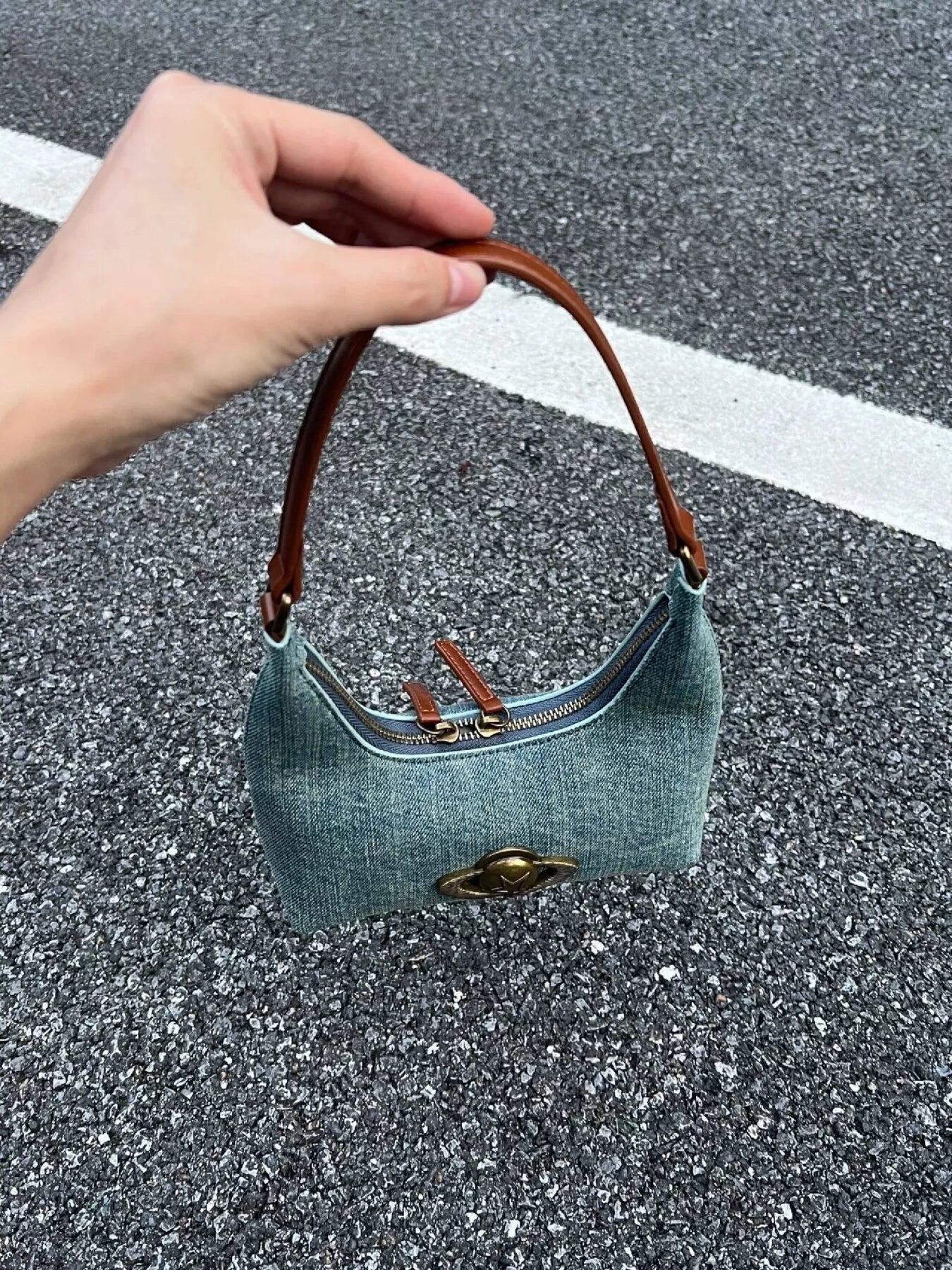 Denim Planet Decor Shoulder Bag nicholesgifts