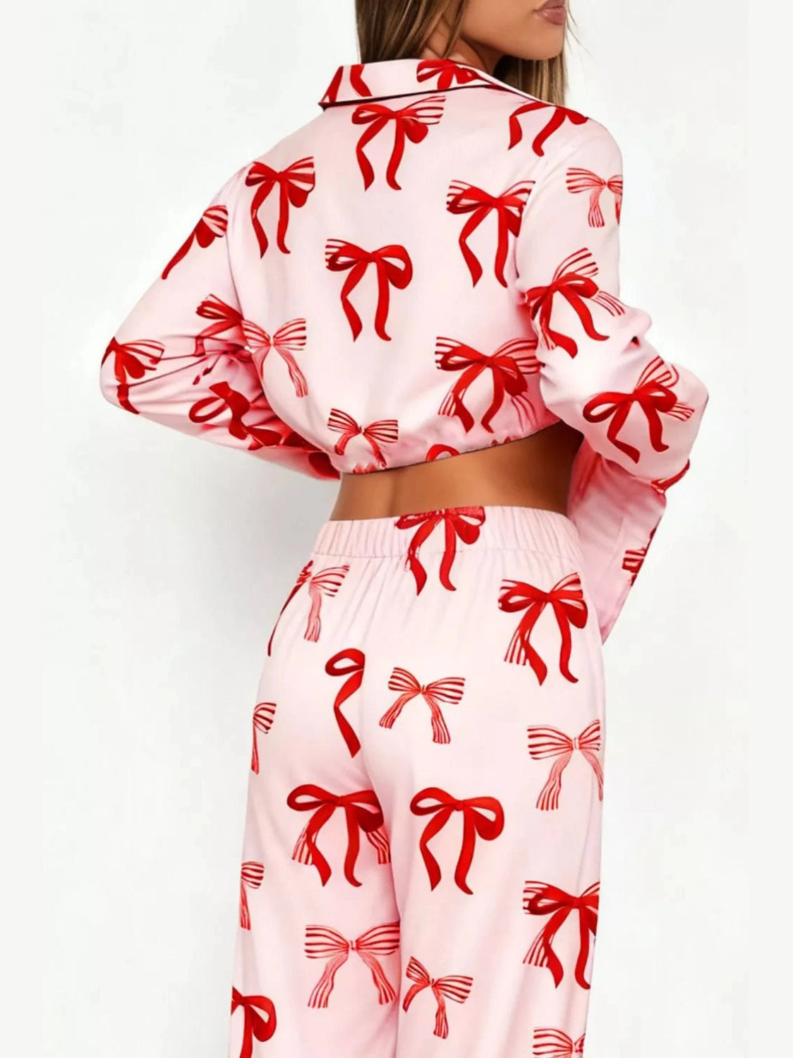 Bow Print Top and Wide Leg Pants Lounge Set nicholesgifts