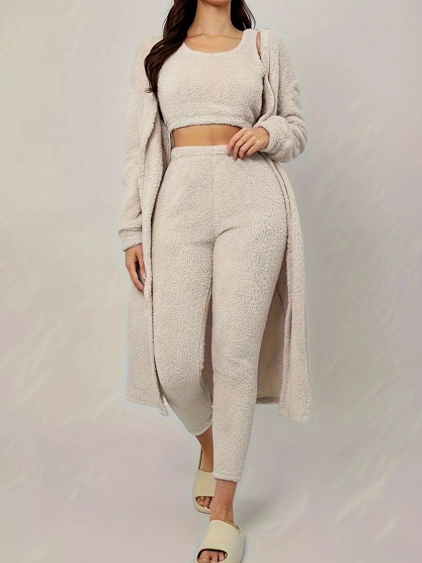 Fuzzy Tank Long Sleeve Cardigan and Pants 3-Piece Lounge Set Trendsi