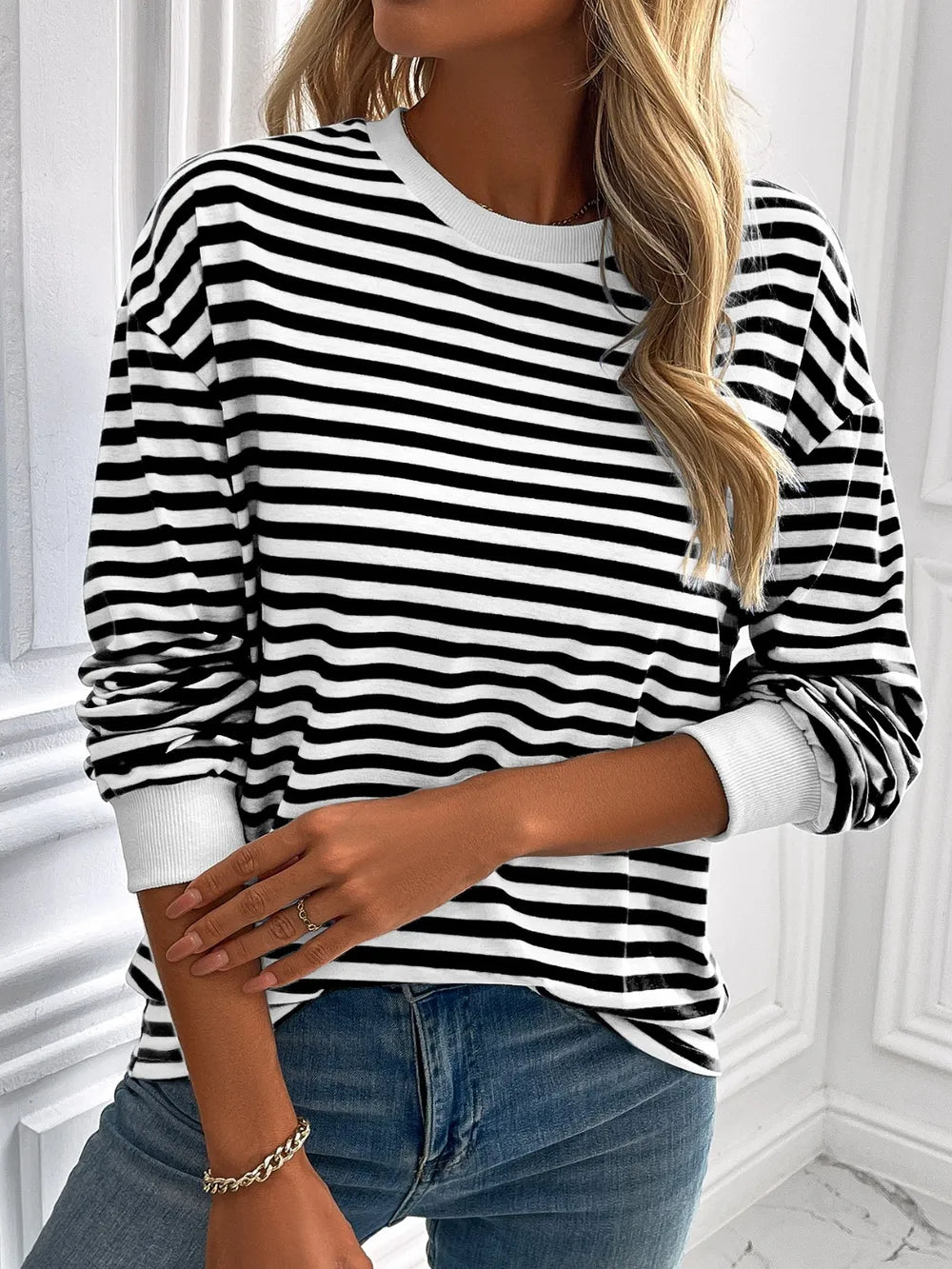 Ivy Lane Striped Round Neck Long Sleeve Sweatshirt Trendsi