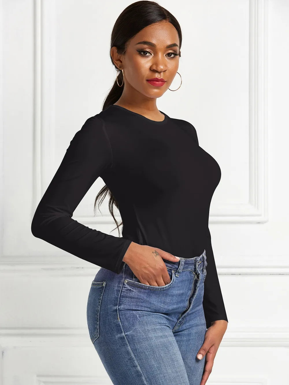 Round Neck Long Sleeve Bodysuit nicholesgifts