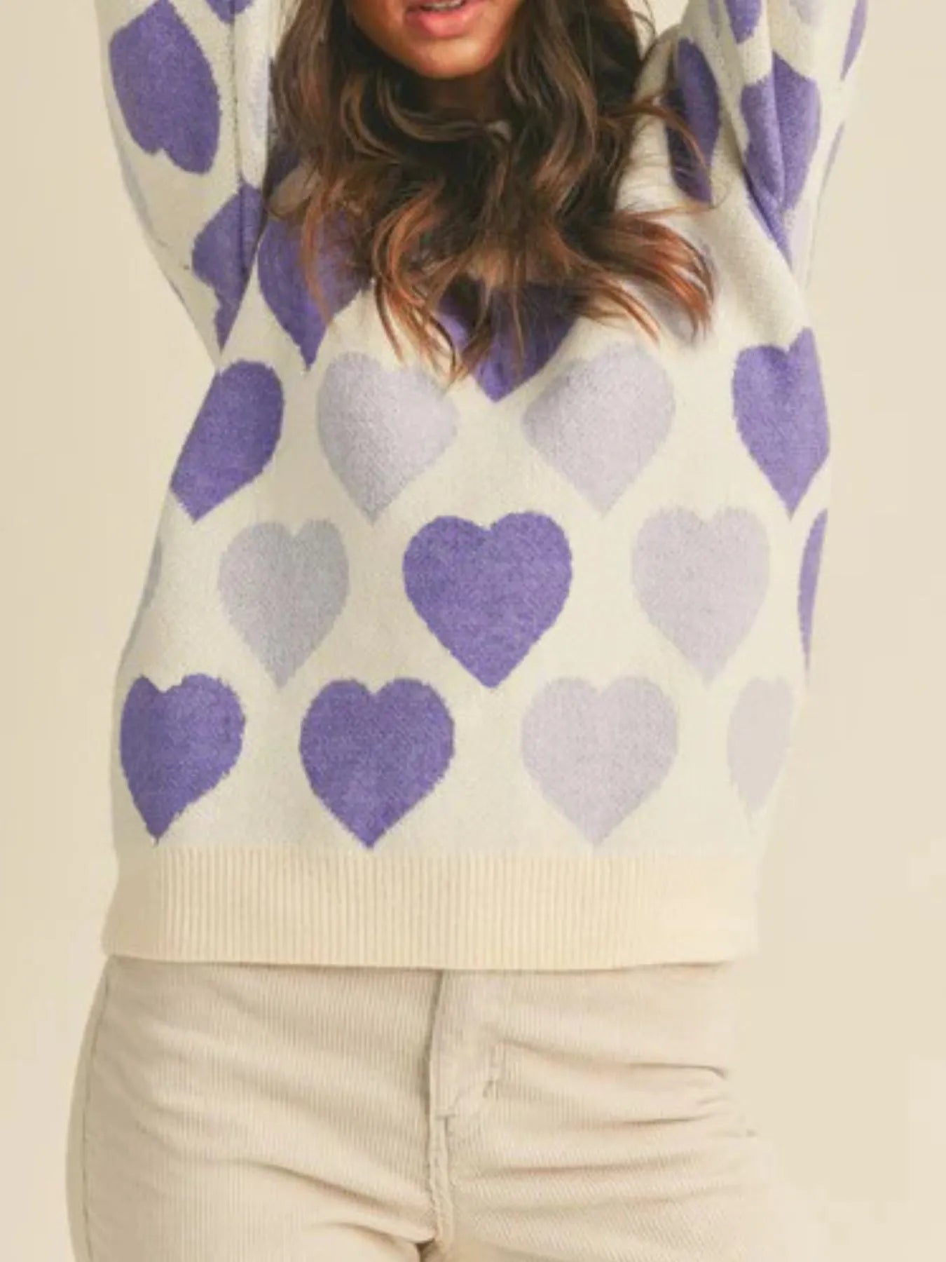 Women Heart Ribbed Hem Long Sleeve Sweater For Valentine's Day Gift For Her nicholesgifts