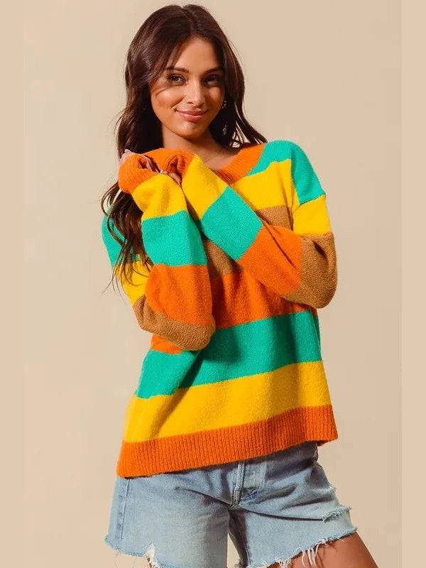 SO ME Multi Color Stripe Sweater with Ribbed Detail Trendsi