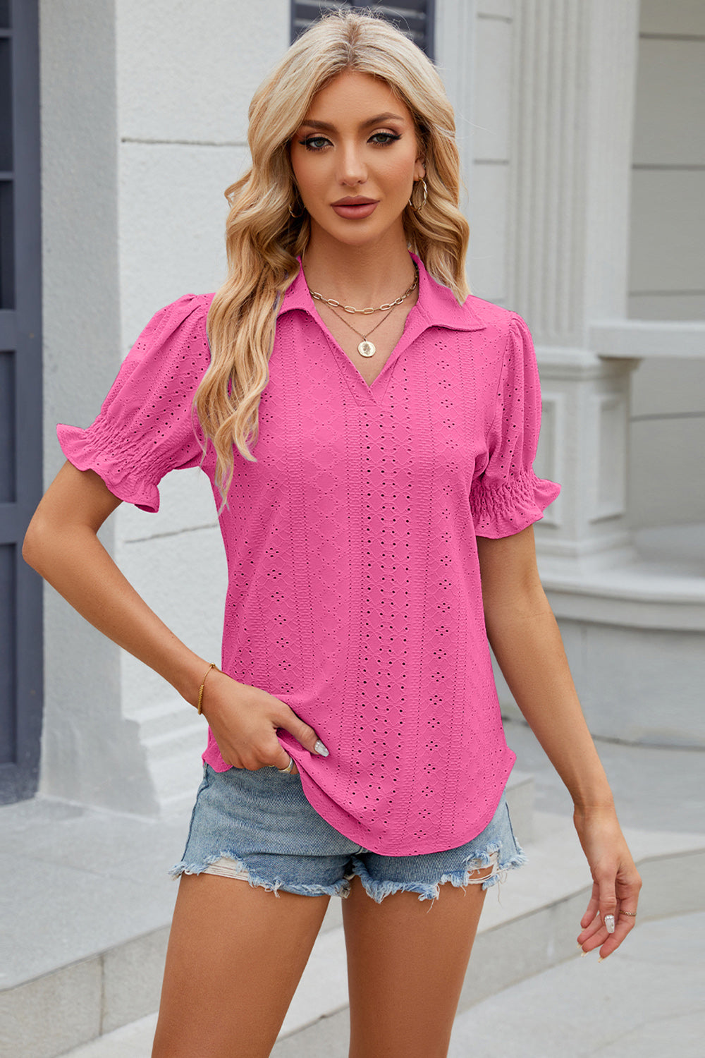 Eyelet Johnny Collar Short Sleeve Blouse nicholesgifts