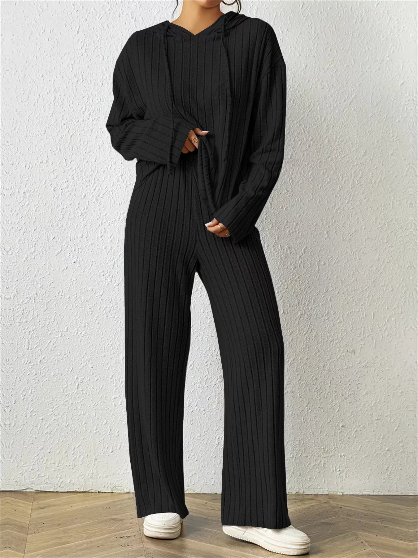 Ribbed Drawstring Hoodie and Pants Set Trendsi