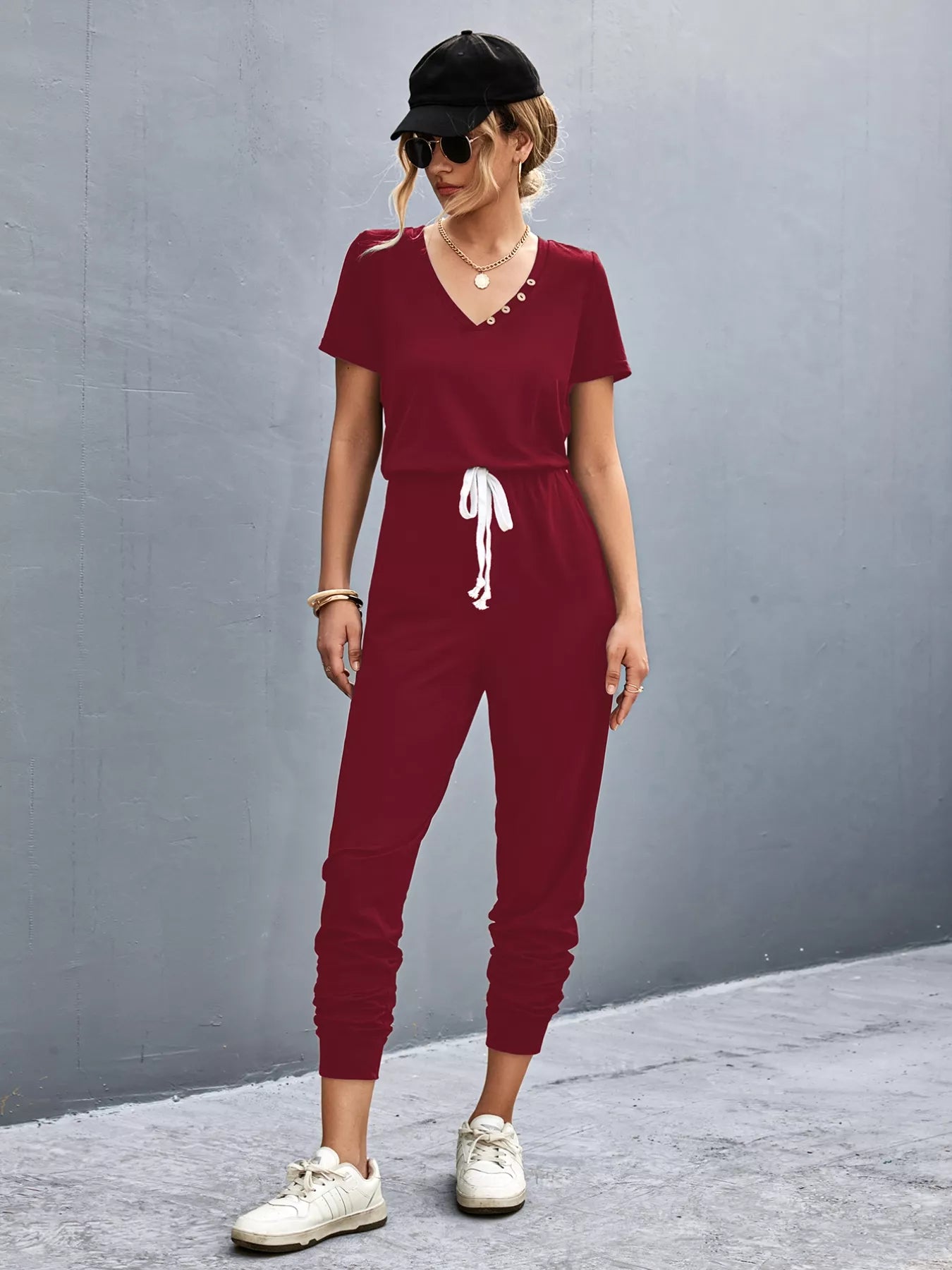 Casual V-Neck Short Sleeve Drawstring Waist Jumpsuit nicholesgifts