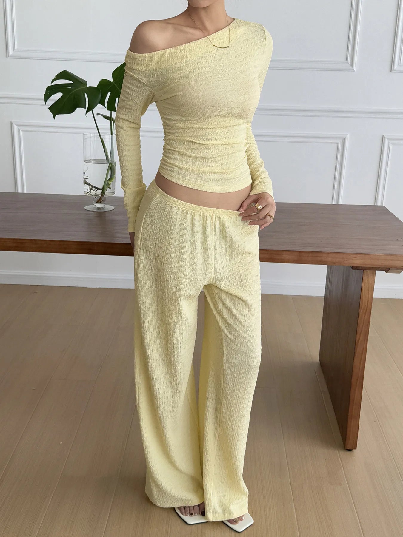 One Shoulder Long Sleeve Top and Pants Set nicholesgifts