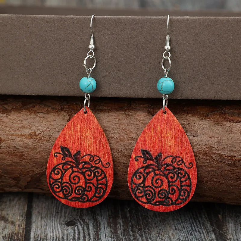 Turquoise Wooden Pumpkin Teardrop Earrings NicholesGifts