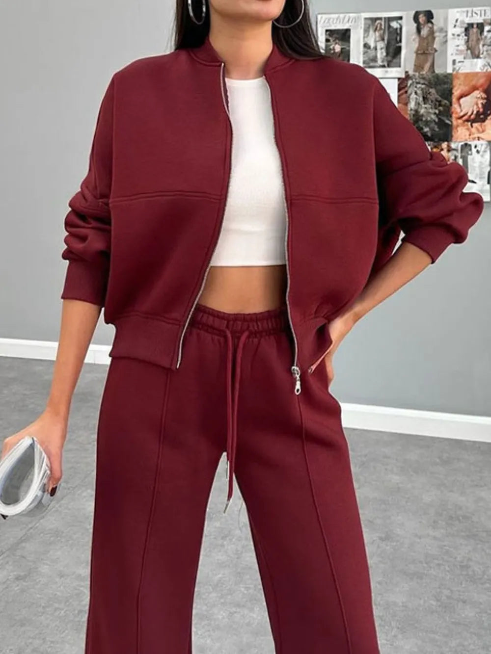 Baseball Collar Zip Up Outerwear and Drawstring Pants Set nicholesgifts