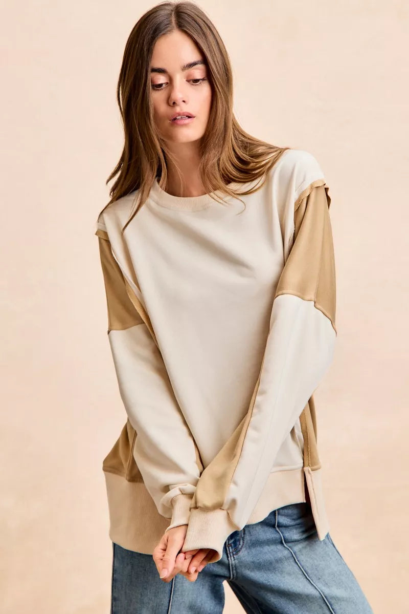 BiBi French Terry Color Block Top With Open Seam Detail Trendsi