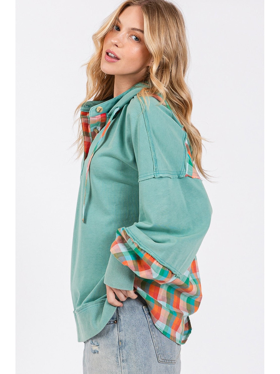 NicholesGifts Women Sage + Fig Full Size Plaid Print Washed Hoodie NicholesGifts