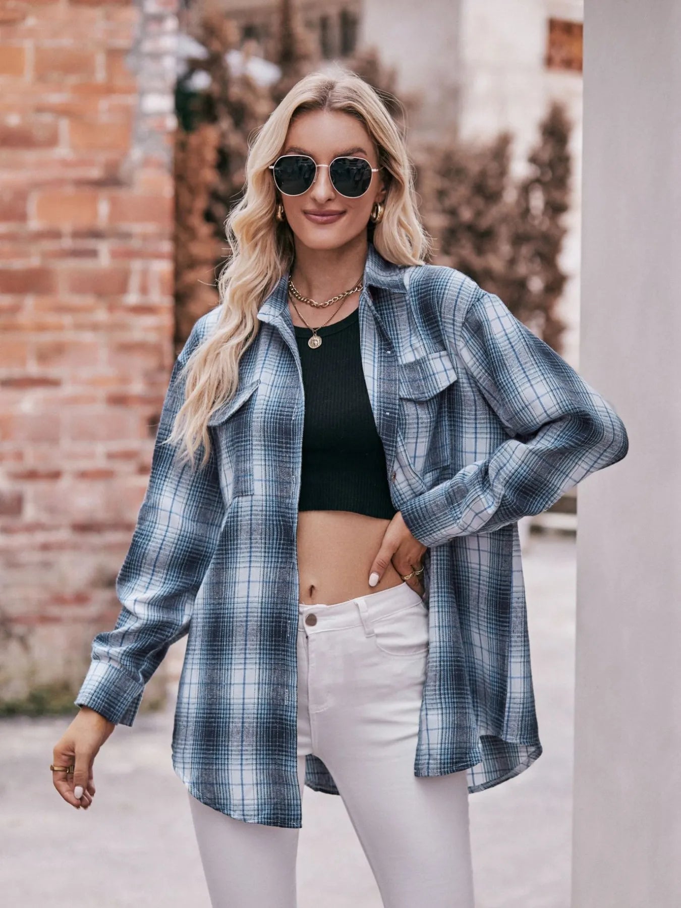 Plaid Button-Down Long Sleeve Shirt Trendsi