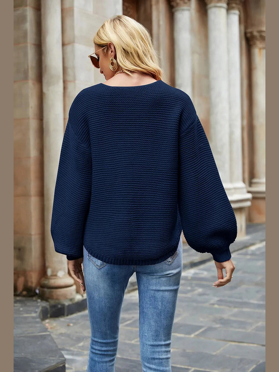 Round Neck Lantern Sleeve Sweater Trendsi