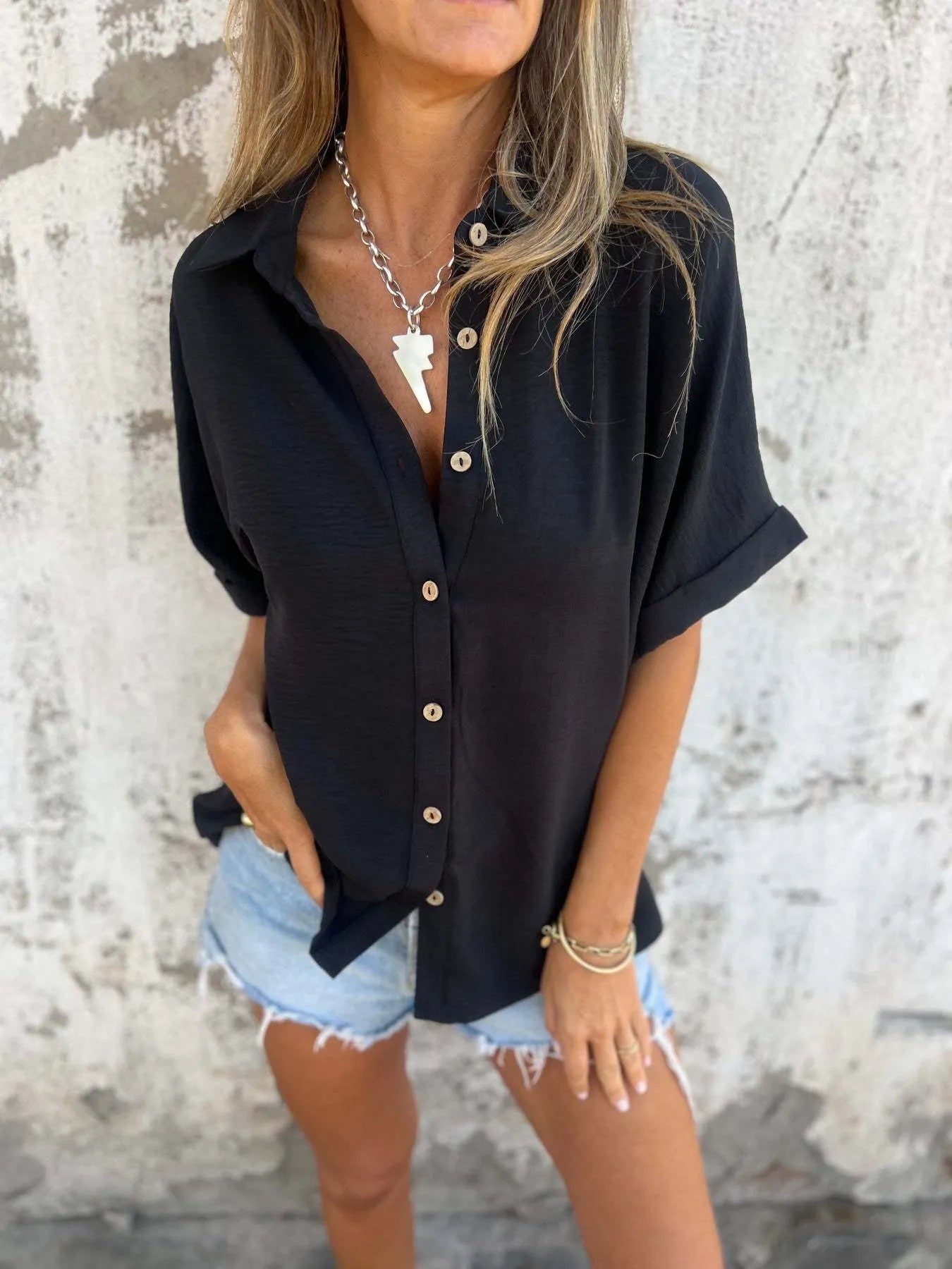 Full Size Casual Button Down Short Sleeve Loose Shirt Plus Size Trendsi