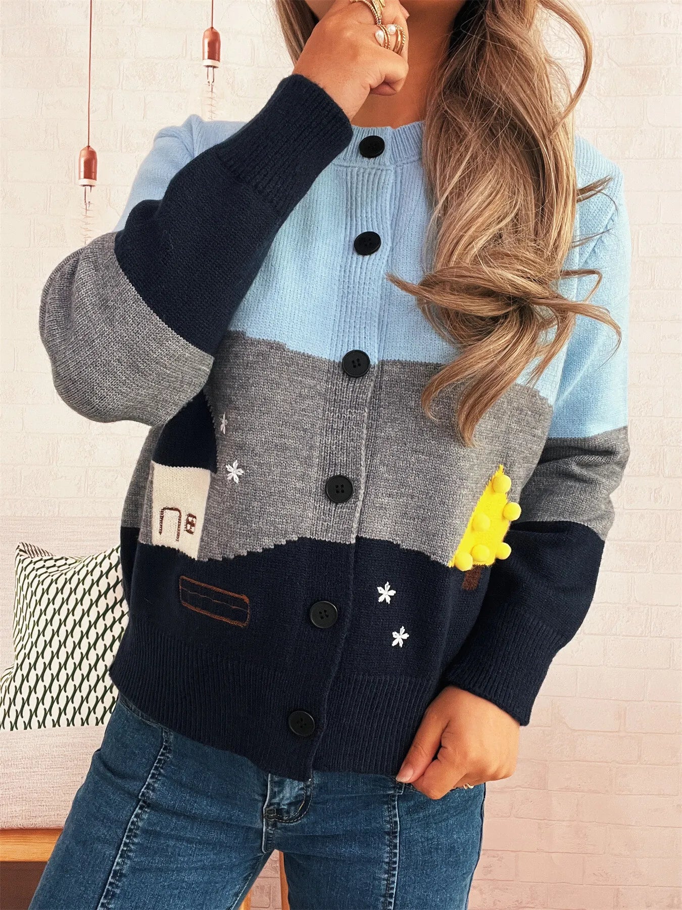 Women Color Block Button-Up Cardigan