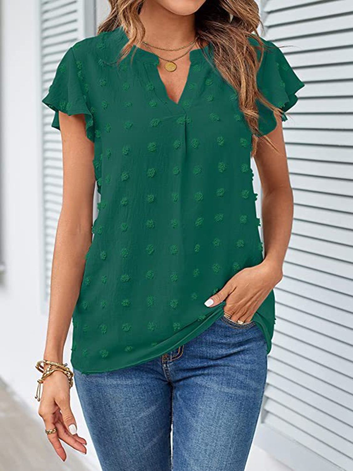 Swiss Dot Notched Cap Sleeve Blouse nicholesgifts