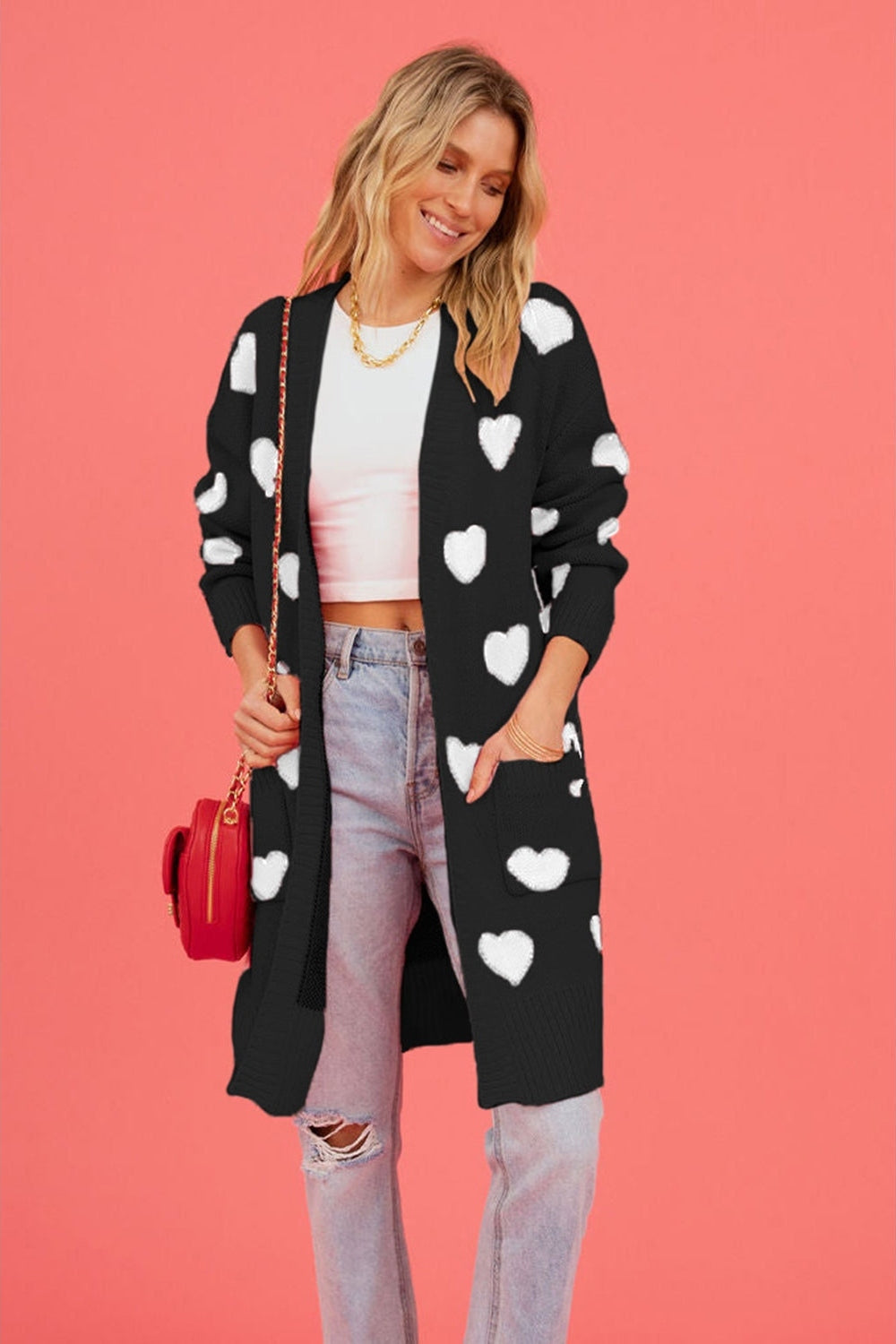 Heart Graphic Open Front Cardigan with Pockets nicholesgifts