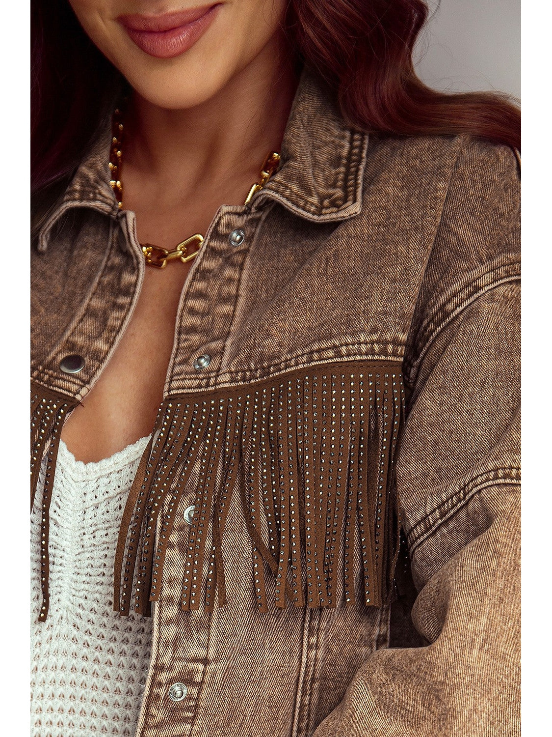 Fringe Trim Snap Down Denim Jacket nicholesgifts